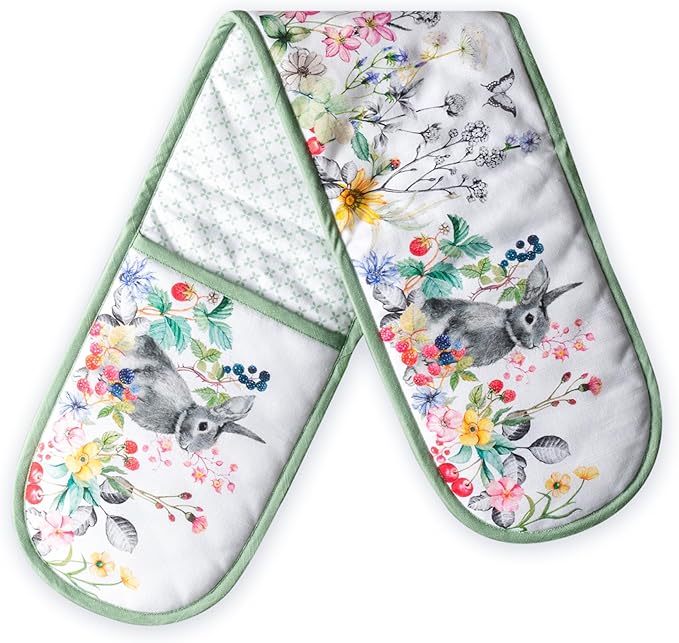 Maison d' Hermine Double Oven Mitts 100% Cotton 7"x35" Double Oven Mitt Heat Resistant BBQ Cooking Gloves with Loop Baking Grilling Kitchen Hotel Home Farmhouse Spring Summer (Printemps)