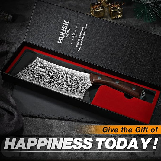 Huusk Meat Cleaver Knife Japanese Kitchen Knife 6.4 Inch, Hand Forged Butcher Knife for Meat Cutting, Vegetable Chopping Knife High Carbon Steel Damascus Pattern Chef Knife Cooking Gift Idea