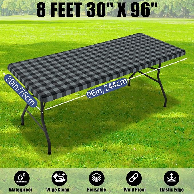 Smiry Picnic Table Cloth 2 Pack, Waterproof Elastic Fitted Tablecloths for 8FT Rectangle Tables, Washable Polyester Buffalo Plaid Tablecloth for Camping & Outdoor (Black & Grey, 30" x 96")