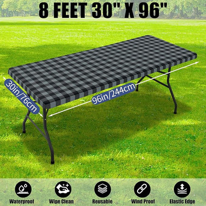 Smiry Picnic Table Cloth 2 Pack, Waterproof Elastic Fitted Tablecloths for 8FT Rectangle Tables, Washable Polyester Buffalo Plaid Tablecloth for Camping & Outdoor (Black & Grey, 30" x 96")