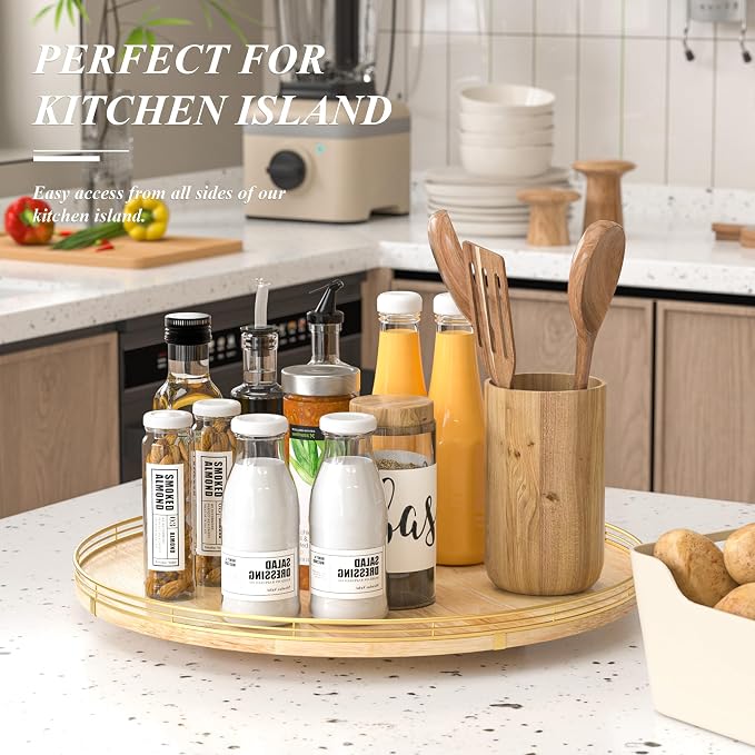 AMH 21-Inch Extra Large Lazy Susan with Oak Base and Black Iron Rail | Smooth rotating oak tray with walnut finish for dining tables, kitchen counters, pantries and cabinet storage.