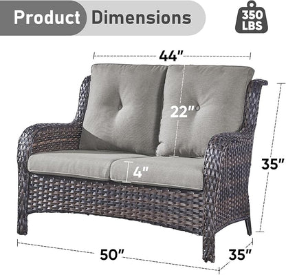 Outdoor Loveseat Sofa-2 Seater Rattan Wicker Patio Couch High Back Patio Sofa for Porch Deck Backyard-Brown/Grey