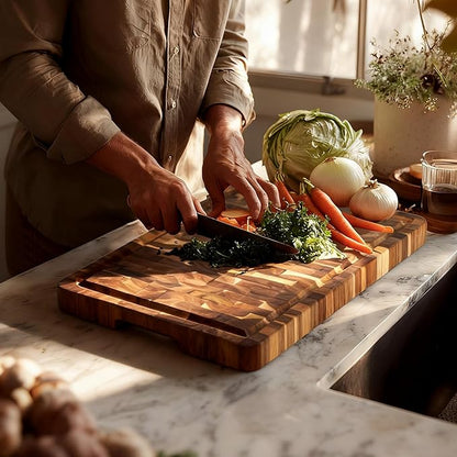 Utoplike Acacia Cutting Board 17 x 12 IN, Wood End Grain Chopping Board with Single-side Juice Groove and Handles, Reversible Butcher Block for Meat, Vegetables, 1.38"Th