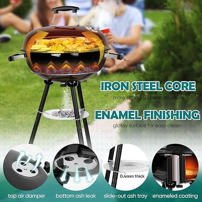 HaSteeL 18 Inch Charcoal Grill, Black Kettle Outdoor Barbecue Grill, 2-In-1 Portable BBQ Grill with Wheels for Camping Backyard Patio Picnic, Porcelain-Enameled Lid & Fire Bowl, 254.SQ.IN Cooking Area