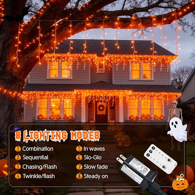 JMEXSUSS Orange Halloween Lights Outdoor, 38.8 FT 400 LED | Connectable Icicle Lights Waterproof, 8 Modes Strings Lights Plug in for Fireplace Patio Fall Halloween Decor