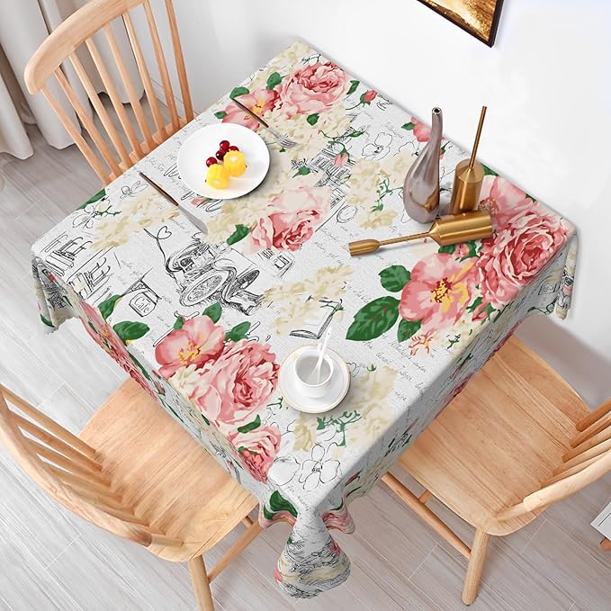 Modern Flowers Tablecloth 60x60 Inch Square Vintage Style French Flower Seasonal Washable Wrinkle Free Spill Proof Polyester Wedding Birthday Table Cover for Dining Table Farmhouse Kitchen
