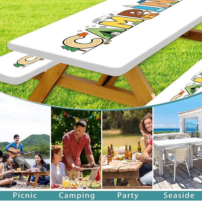 Kids Picnic Table Cover with Bench Covers & Storage Bag 3PCS, 30x96 Inch Cartoon Camping Themed Waterproof Fitted Outdoor Patio Tablecloth with Elastic Edges, Camping Essentials for Garden Campsite