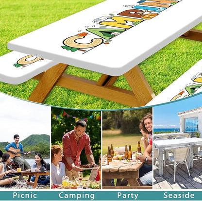 Kids Picnic Table Cover with Bench Covers & Storage Bag 3PCS, 30x96 Inch Cartoon Camping Themed Waterproof Fitted Outdoor Patio Tablecloth with Elastic Edges, Camping Essentials for Garden Campsite
