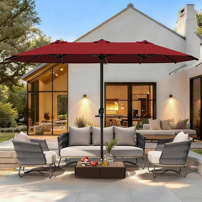 GDPFN 13FT Large Patio Umbrella, Outdoor Deck Standing Umbrella with Crank Handle, Double-Side Rectangular Pool Umbrella for Outside, Market, Patio, Burgundy (Base Not Include)