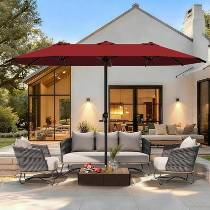 GDPFN 15FT Large Patio Umbrella, Outdoor Deck Standing Umbrella with Crank Handle, Double-Side Rectangular Pool Umbrella for Outside, Market, Patio, Burgundy (Base Not Include)