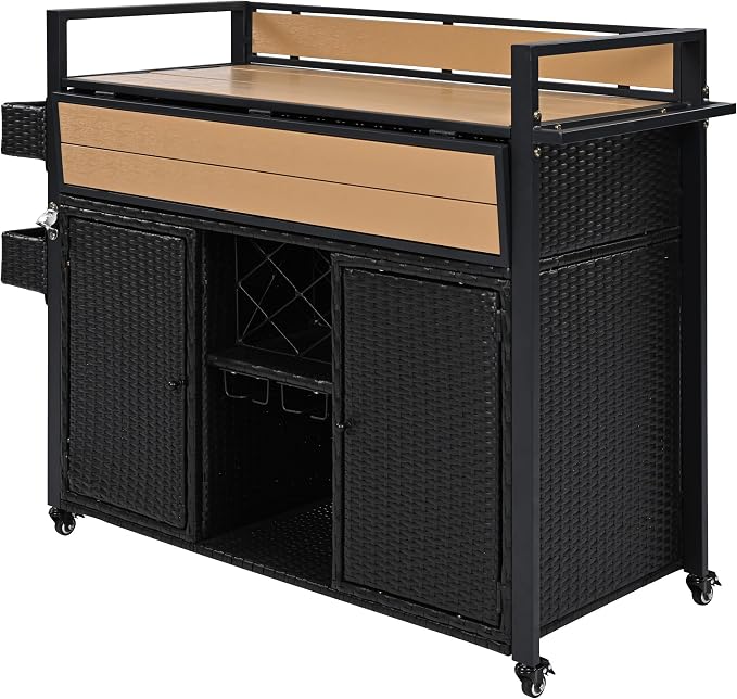 YOPTO Outdoor Grill Cart with Foldable Design,7-Tier Shelves,Lockable Wheels,Wine Rack & Weather-Resistant Wicker Rattan for Indoor/Outdoor Use,Black Brown