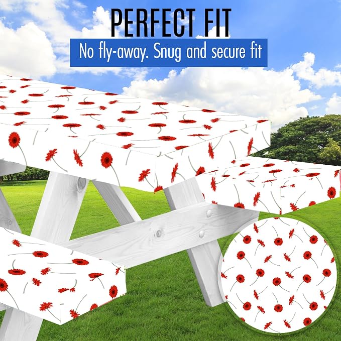 Premium Picnic Table Cover with Bench Covers Vinyl Fitted picnic table covers with Elastic RV Camping Accessories and Camper must haves Waterproof (Summer Flowers, 72 x 30 (6ft) with skewers