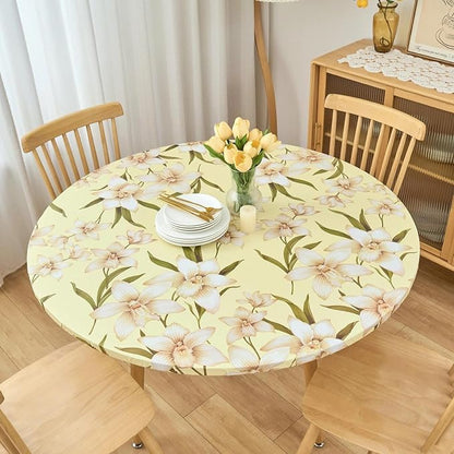 LIBERECOO Round Vinyl Fitted Tablecloth with Flannel Backing Elastic Edge Table Cover Waterproof Stain-Resistant Wipeable Tablecloths Fits 40-44 Inch Round Tables