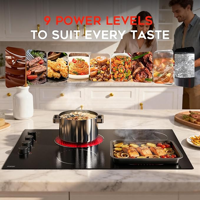 Electric Cooktop 30 Inch Hobsir, 4 Burner Electric Stove Top 6700W, Dual-Ring Burner & Oval Burner, 9 Power Level, 30 Inch Cook top with Safety Lock, Timer, Black Knob