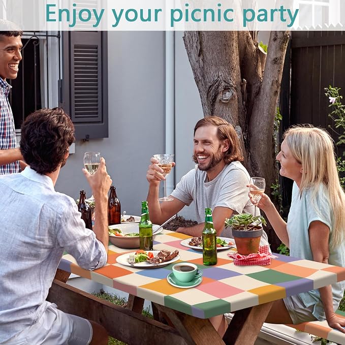 Fitted Picnic Table Cover with Bench Covers and Bag | Camping Essentials, Colorful Checkered Outdoor Waterproof Picnic Tablecloth with Elastic Edges, 3 Pcs Set 30x96 Inch