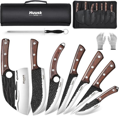 Huusk Butcher Knife Set for Meat Cutting 10pcs Viking Kitchen Serbian Chef Knife with Roll Bag Hand Forged Brisket Knives Meat Cleaver for Men Gift BBQ Outdoor Camping