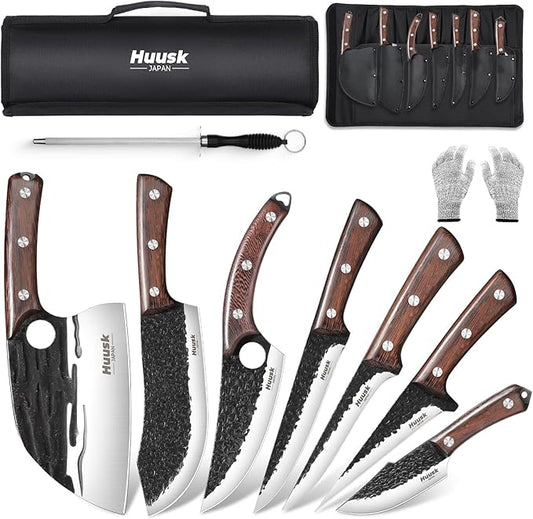 Huusk Butcher Knife Set for Meat Cutting 10pcs Viking Kitchen Serbian Chef Knife with Roll Bag Hand Forged Brisket Knives Meat Cleaver for Men Gift BBQ Outdoor Camping