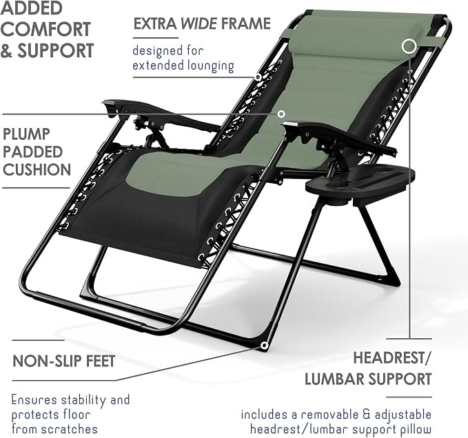 Nestl Padded Oversized Zero Gravity Chair, XL Folding Outdoor Lounge Chair | Adjustable Headrest, Cup Holder & Side Tray, Support 330 LBS, Reclining & Foldable, For Patio & Camping, Black/Sage Green