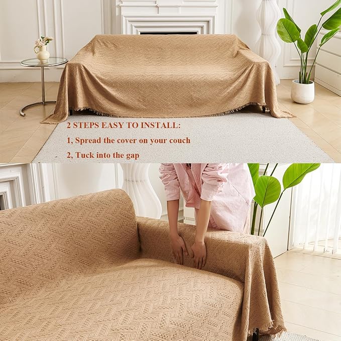 AIVIA Couch Cover Sheet Blanket, Oversized Covers for 3 Cushion Sofa, Large Furniture Decoration Slipcovers, L-Shape U-Shaped Sectional Protector for Cats Dogs Pets (Khaki, 71” x 118”)