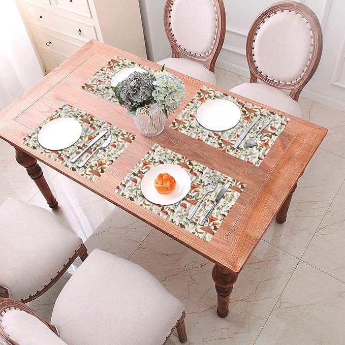 Boho Mushroom Placemats Set of 4, Botanic Plant Beige Table Mats | Heat Resistant Washable Placemat for Kitchen Dining Table Decor Cute Placemats Linen 12x18 Inch
