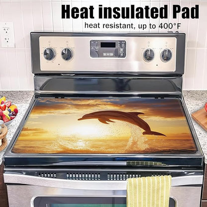 Jumping Dolphin Stove Top Covers for Electric Stove,Sea Sunset Glass Top Stove Cover, Heat Resistant Range Covers for Electric Stove,Washable Countertop Mat, 28 x 20 Inch