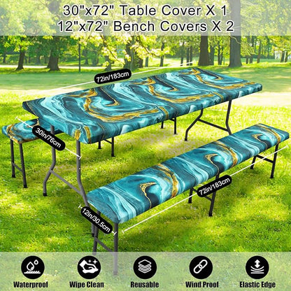 Smiry Picnic Table Cover with Bench Covers, Waterproof Elastic Fitted Tablecloth for 6 Foot Tables, Washable Polyester Tablecloths for Camping, Indoor & Outdoor (Teal & Gold, 30x72 Inch 3-pc Set)
