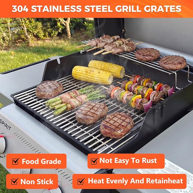 7637 7MM Grill Parts for Weber Spirit 200 & GS4 Spirit II 200 Series with Front-Mounted Control, Spirit E210, E220, S210, S215, 17.5'' SUS304 Stainless Steel Grates for Weber 7637