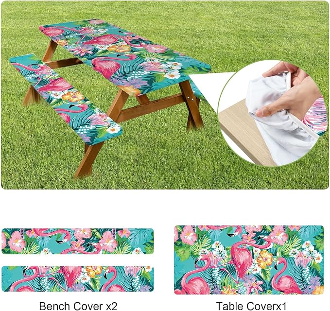 FOREVER QUEEN Tropical Flamingo Floral Picnic Table Cover with Bench Covers 3Pcs Set,72x30 Inch Fitted Rectangle Camping Tablecloth,Waterproof Windproof Outdoor Table Cover for Patio Backyard Camping