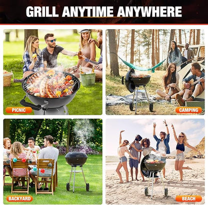18 inch Charcoal Grill, Portable Kettle BBQ Grills, Barbecue Gift, Durable & Easy to Assemble, Round Barbecue Grill for Outdoor Cooking, Patio and Beach, Black