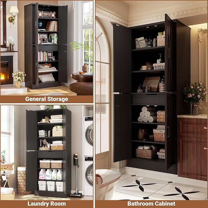 Unikito 71" Tall Kitchen Pantry Cabinet with Farmhouse Barn Doors and Storage Drawer, 4 Adjustable Shelves, Freestanding Cupboard for Kitchen, Dining Room, Living Room, Utility Room, Black