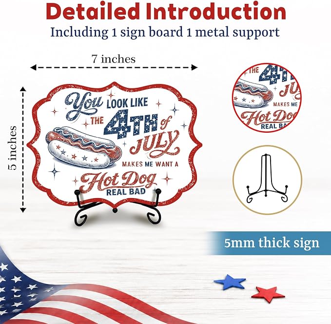 Wooden Buffet Sign with Metal Stand, Patriotic Hot Dog Station Decor for BBQ Party, Food Truck, Restaurant Counter, Independence Day 5 x 7 Inch Tabletop Display - A04