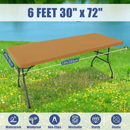Moosfor 2 Pack Rectangle Spandex Fitted Table Cloth, 6FT Elastic Tablecloth | Washable Picnic Table Cover, Stretch Waterproof Table cloths for Party, Patio, Dining, Kitchen, 30" x 72", Camel