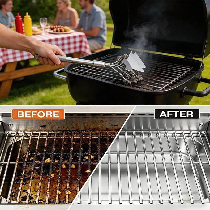 Stainless Steel BBQ Grill Brush with Detachable Aluminum Handle The Combination of the Coiled Wire Brush and the Sturdy Scraper, Bristle Free Detachable Design for Easy Storage