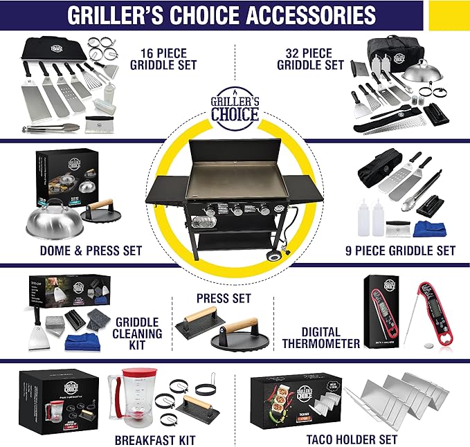 Grillers Choice 32 Piece Griddle Accessories Set Metal Spatulas - Commercial Heavy Duty Stainless Steel,Flat Top,Grill,Indoor-Outdoor,Hibachi,BBQ Grilling Utensils- Designed by Chef and BBQ Judge