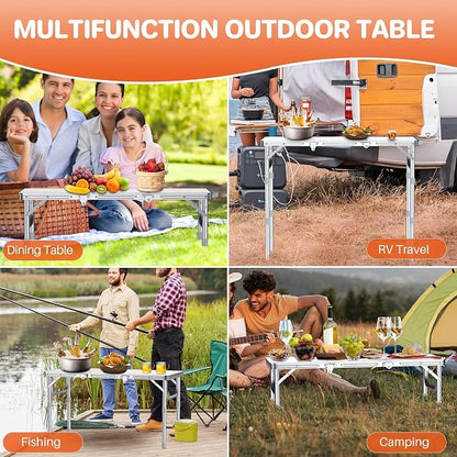 FUNYKICH 3ft Folding Camping Table, 3 Height Adjustable Max 27.5'', White | 34.2''x15.7'' Tabletop, Aluminum Lightweight Design, Portable Picnic Table for Car Camping Outdoor Backyard BBQ Beach