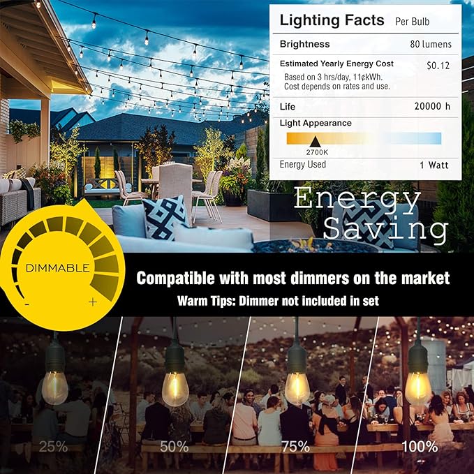 Outdoor-String-Lights-100FT-Patio-Light with 32 Shatterproof S14 Dimmable Edison Bulbs, Connectable Heavy Duty Outdoor lighting, Commercial Grade Waterproof String Light for Porch Market Backyard