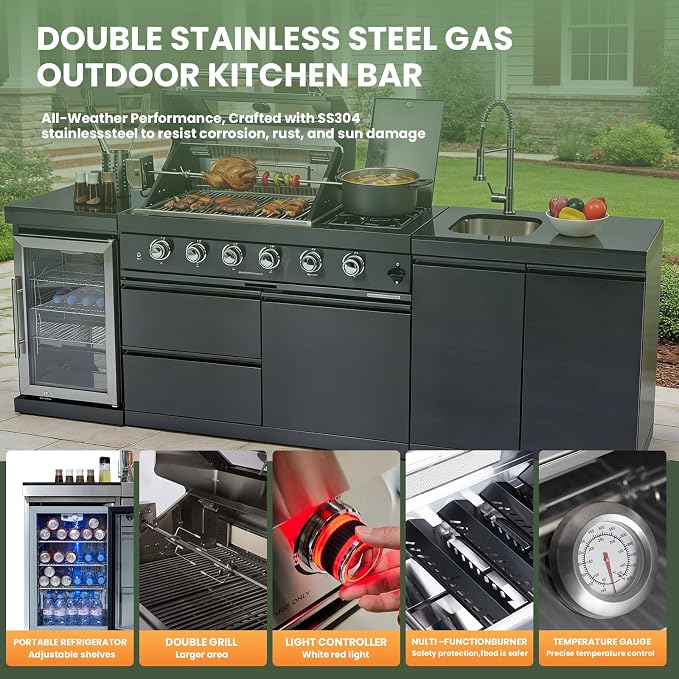 98" Rolling Outdoor Kitchen Island with Built-In 4 Burners 72,000 BTU Stainless Steel Gas Grill Featuring Rotisserie Oven,Granite Countertops,Beverage Fridge,Sink. (Black + Fridge + Sink, Propane Gas)