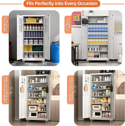 Aobabo Metal Storage Cabinet with Wheels, Steel Locking Cabinet with Pegboard Doors, Garage Cabinet for Office Pantry, 5 Adjustable Shelves, 16" D x 32" W x 71" H,Required-Assembly,White