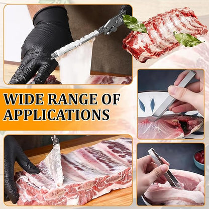 Stainless Steel Rib Membrane Remover – BBQ Rib Prep Kit with 2 Tweezers & Gloves – Effortless Ribs Skin Removal Tool for Chefs, Grilling & Home Cooking
