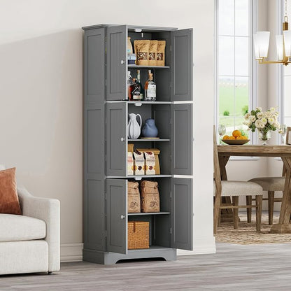 ChooChoo 63.2" Tall Bathroom Storage Cabinet with 6 Doors | Freestanding Floor Cabinet, Adjustable Shelves, Pantry Cabinet for Bathroom, Kitchen, Laundry Room, Grey