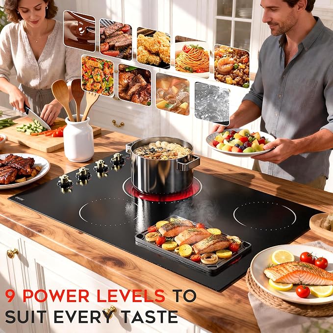 Electric Cooktop 30 Inch Hobsir, 4 Burner Electric Stove Top 6700W, Dual-Ring Burner & Oval Burner, 9 Power Level, 30 Inch Cook top with Safety Lock, Timer, Golden Knob