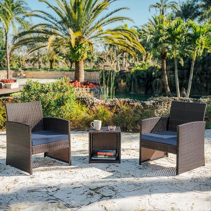 Nestl Wicker Patio Furniture Set - 3 Piece Bistro Table and Chairs Set of 2, Front Porch Furniture Set, Patio Chairs Set of 2, Outdoor Patio Set, Patio Conversation Sets (Brown/Navy)