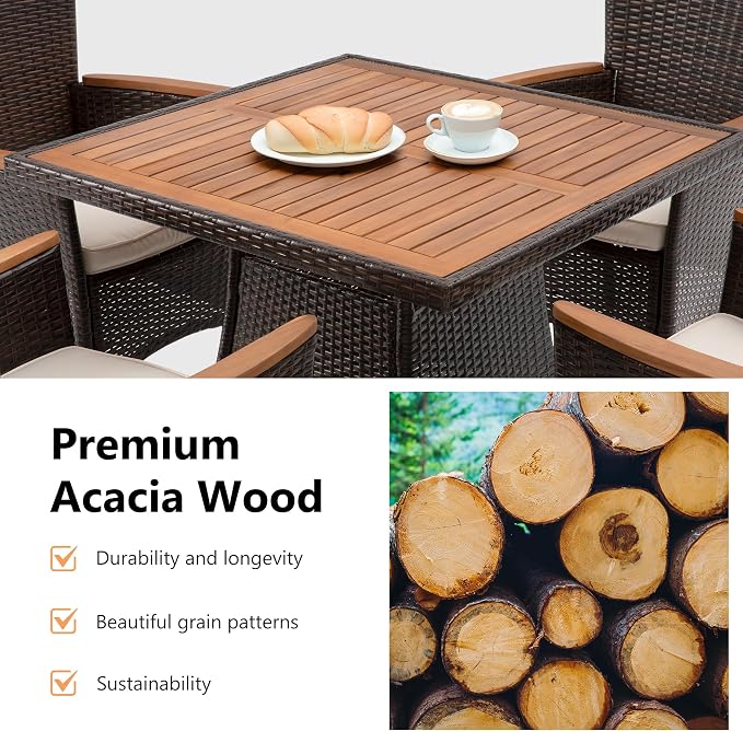 RoyalCraft 5 Piece Patio Wicker Dining Sets for 4, Water-Resistant Rattan Outdoor Dining Table and 4 Chairs with Wood Table Top, Conversation Set for Deck, Garden, Backyard, Removable Cushions, Brown