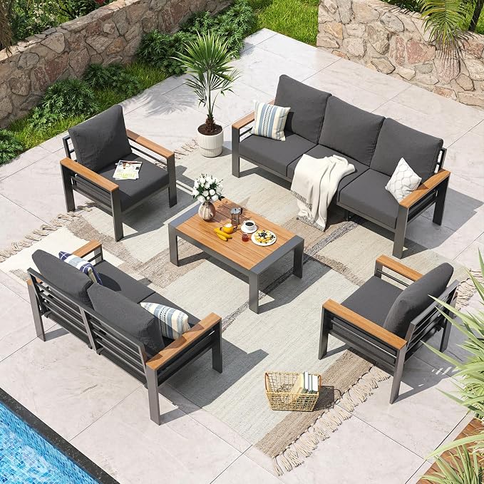 Aoxun Aluminum Patio Furniture Set 7 Seats, Oversized Outdoor Sectional with Washable Thick Cushions, Coffee Table, Patio Conversation Sets for Porch, Balcony, Deck, Dark Gray