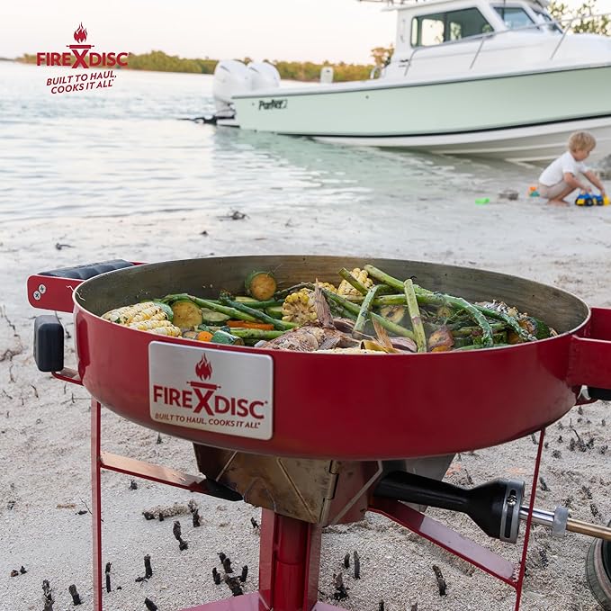 FIREDISC 215 Limited Edition Ultra Portable Tabletop Propane Cooker in Fireman Red TCGFD215R, 16.5-in. Plow Disc Camping Stove is an Ideal Portable Stove, Tailgate Grill, or Propane Outdoor Cooking