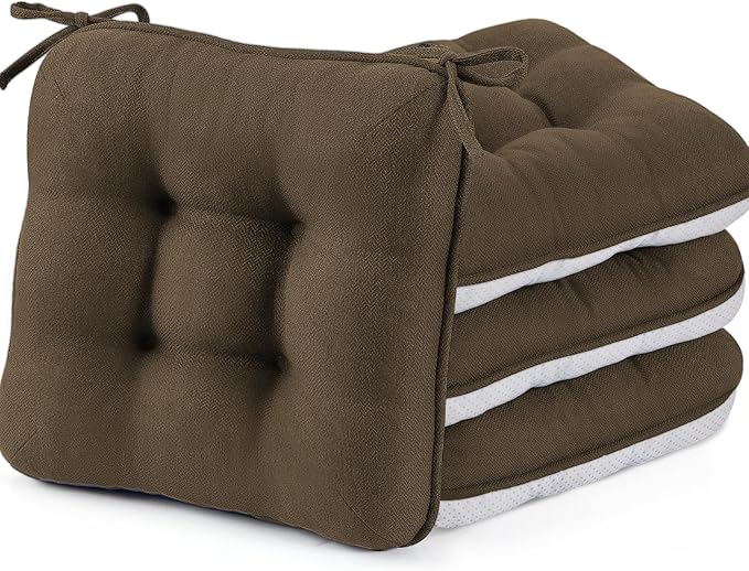 BETU Chair Cushions for Dining Chairs Set of 4,3.5" Thick Kitchen Table Chair Pads with Ties,Non Slip Backing and Covers, Seat Cushion for Dining Room,Bar,Patio Chairs,15.5"X15.5"X3.5",Brown