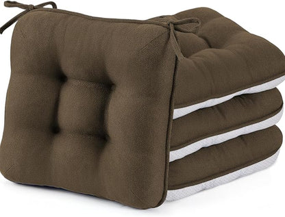 BETU Chair Cushions for Dining Chairs Set of 4,3.5" Thick Kitchen Table Chair Pads with Ties,Non Slip Backing and Covers, Seat Cushion for Dining Room,Bar,Patio Chairs,15.5"X15.5"X3.5",Brown