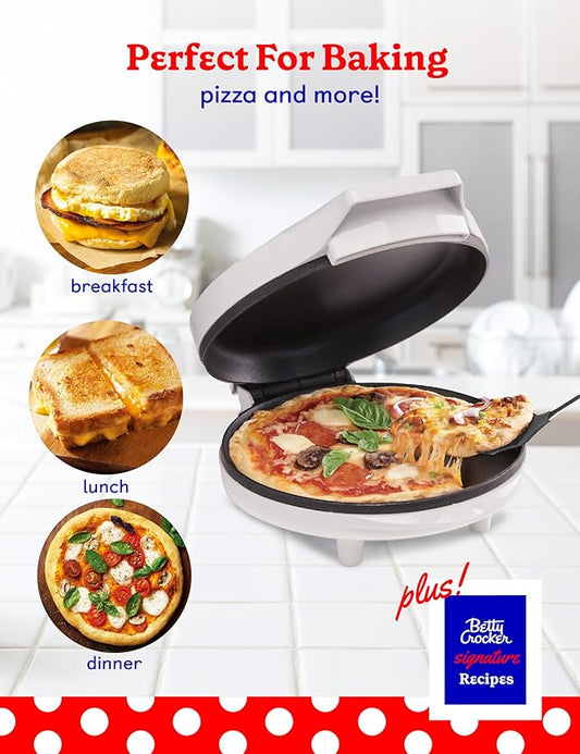 Betty Crocker 8" Travel Pizza Maker Plus, Indoor Electric Grill With Insulated Travel Bag, Nonstick Pan for Pizzas, Quesadillas, Nachos and more, Pizza Machine for Delicious Meals and Snacks, White