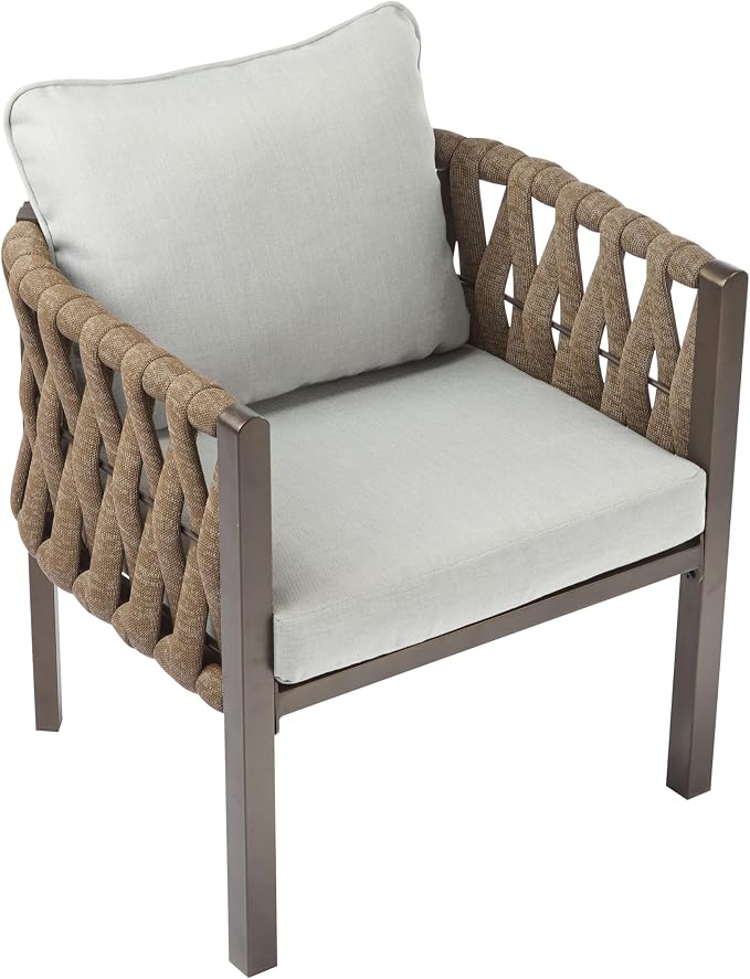 Christopher Knight Home Lena Patio Club Chairs Set of 2, Metal Accent Chairs, Rope Woven Backrest Armchair, Upholstered Cushions Seating, Tub Back Design for Backyard Garden, Brown+Light Gray