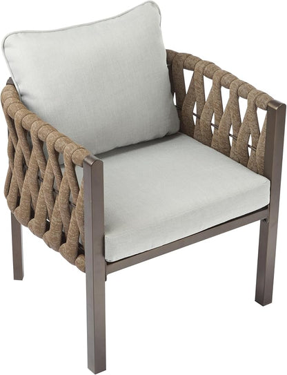 Christopher Knight Home Lena Patio Club Chairs Set of 2, Metal Accent Chairs, Rope Woven Backrest Armchair, Upholstered Cushions Seating, Tub Back Design for Backyard Garden, Brown+Light Gray